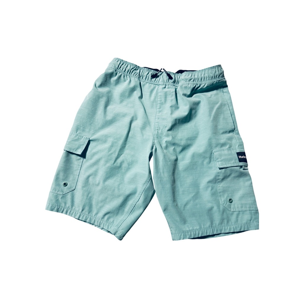 Hurley Boy Size 10/12 Medium Light Blue Cargo Swim Shorts Elastic Drawstring